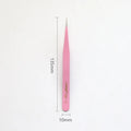 Stainless steel macaron-coloured tweezers in blue, green, and pink with straight and elbow tip styles on paper card packaging