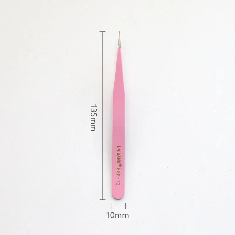 Stainless steel macaron-coloured tweezers in blue, green, and pink with straight and elbow tip styles on paper card packaging