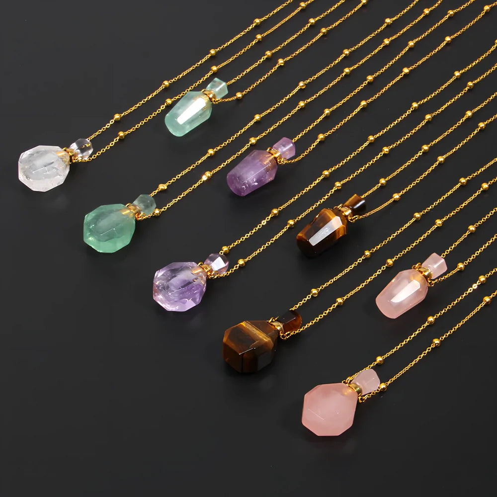 Crystal perfume bottle pendant necklace with tiger eye cap on 45 cm silver chain, 4 cm size in FI0636 colour variant