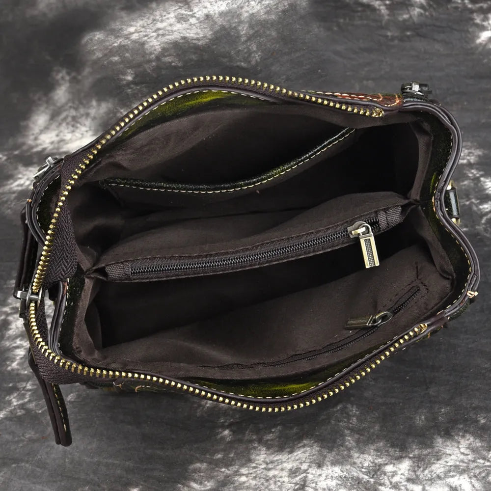 Brown genuine leather women's shoulder bag with square vertical shape and internal organiser pockets.