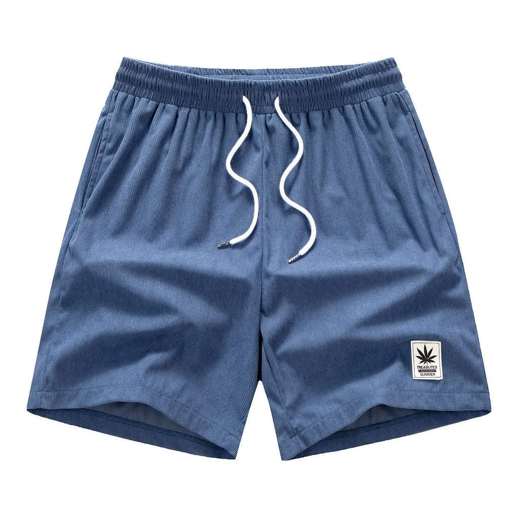 Men's grey drawstring summer leisure shorts on a white background.