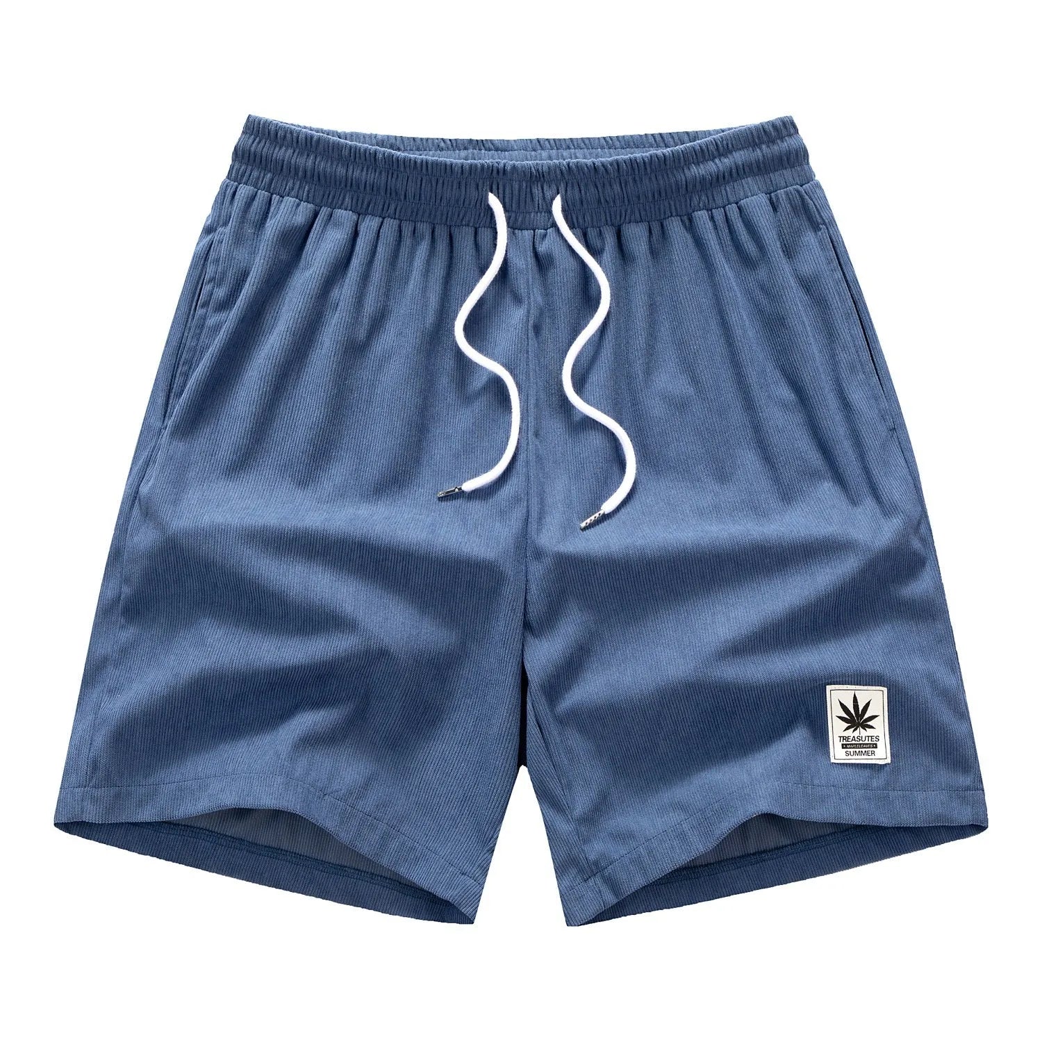 Men's grey drawstring summer leisure shorts on a white background.