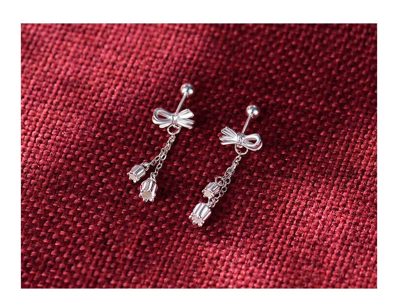 Pure silver bow eardrops with sweet tassel bone stud, Korean style