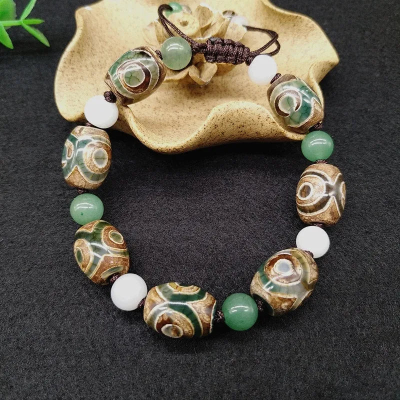 Green agate Tibet beads bracelet with three-eye hand-woven ethnic style geometric patterning