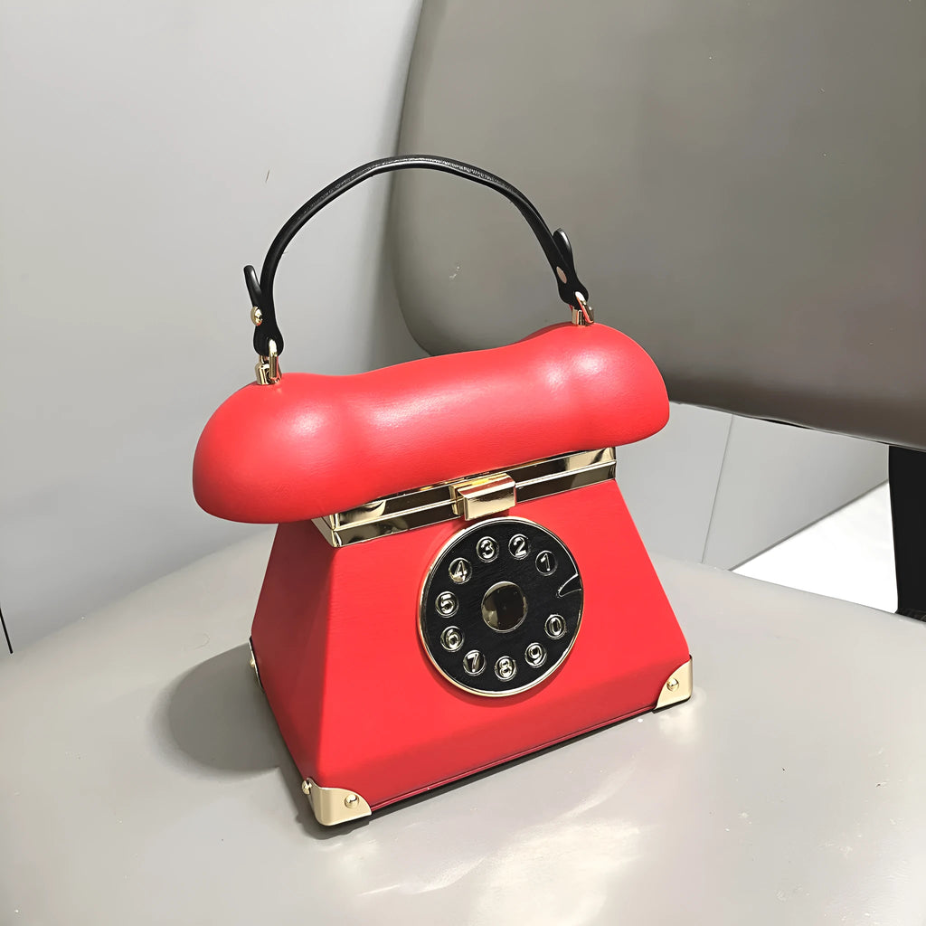 Women's landline phone-shaped handbag in PU leather available in black, brown, pink, red with retro European American style