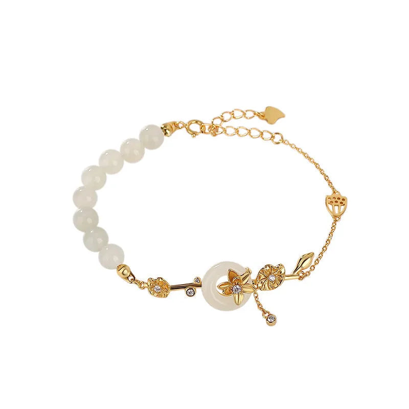 Women's Hetian jade and 925 silver peace buckle bracelet with lotus motif