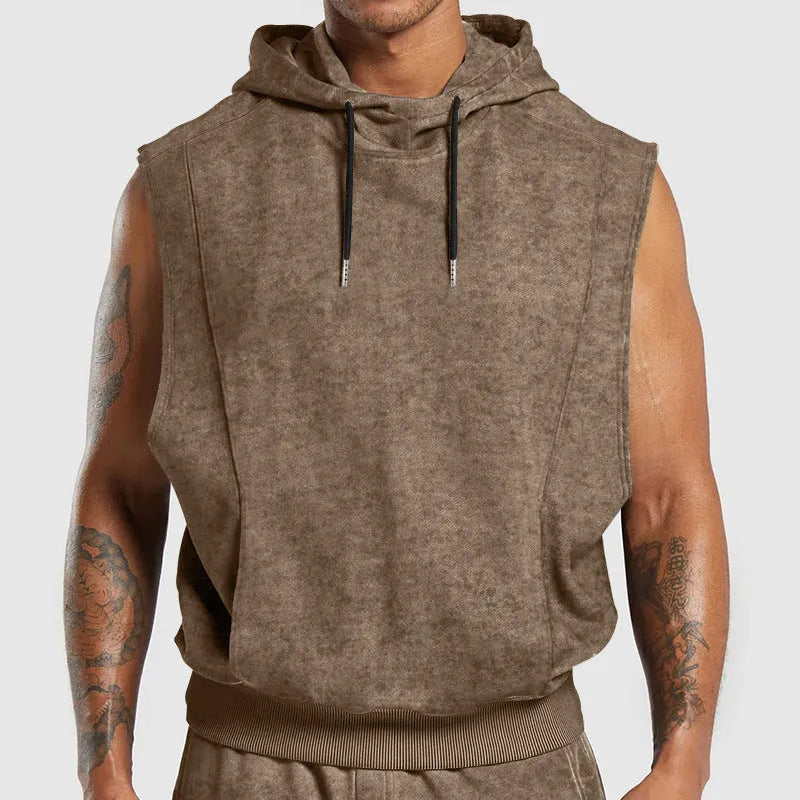 Men's distressed floral print sleeveless hooded top with 3D patch pocket