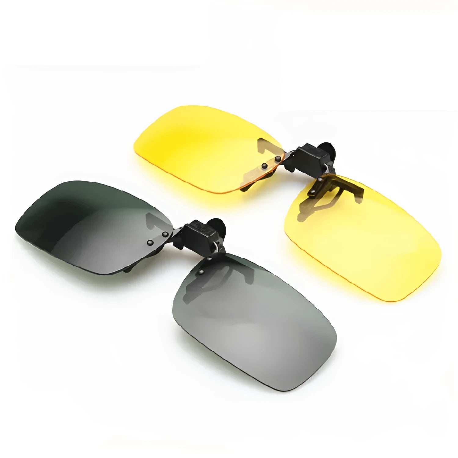 A polycarbonate clip-on sunglasses accessory for prescription glasses, shown in large and small frame sizes with grey, green, and night vision lenses.