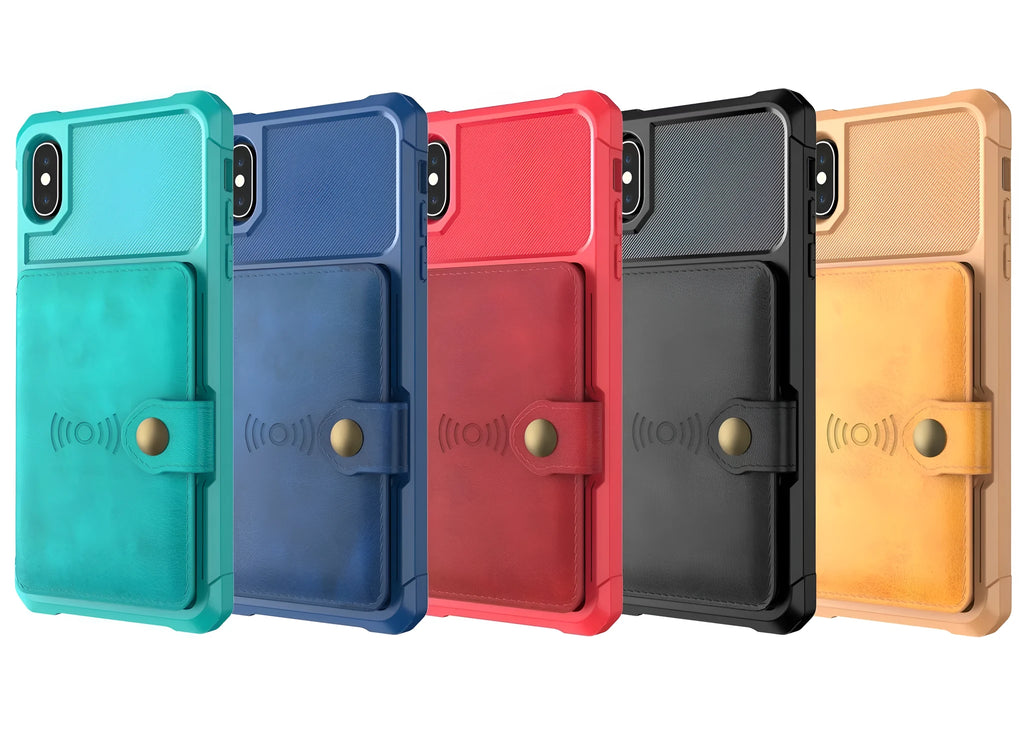 Geometric pattern PU leather mobile phone case in black, shown fitted on a smartphone.