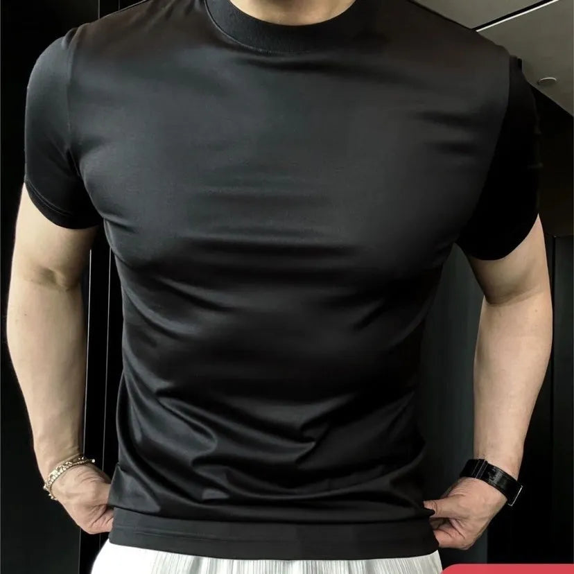 Ice Silk soft breathable round neck short sleeve T-shirt for men in black, dark gray, and light gray, sizes M to 4XL