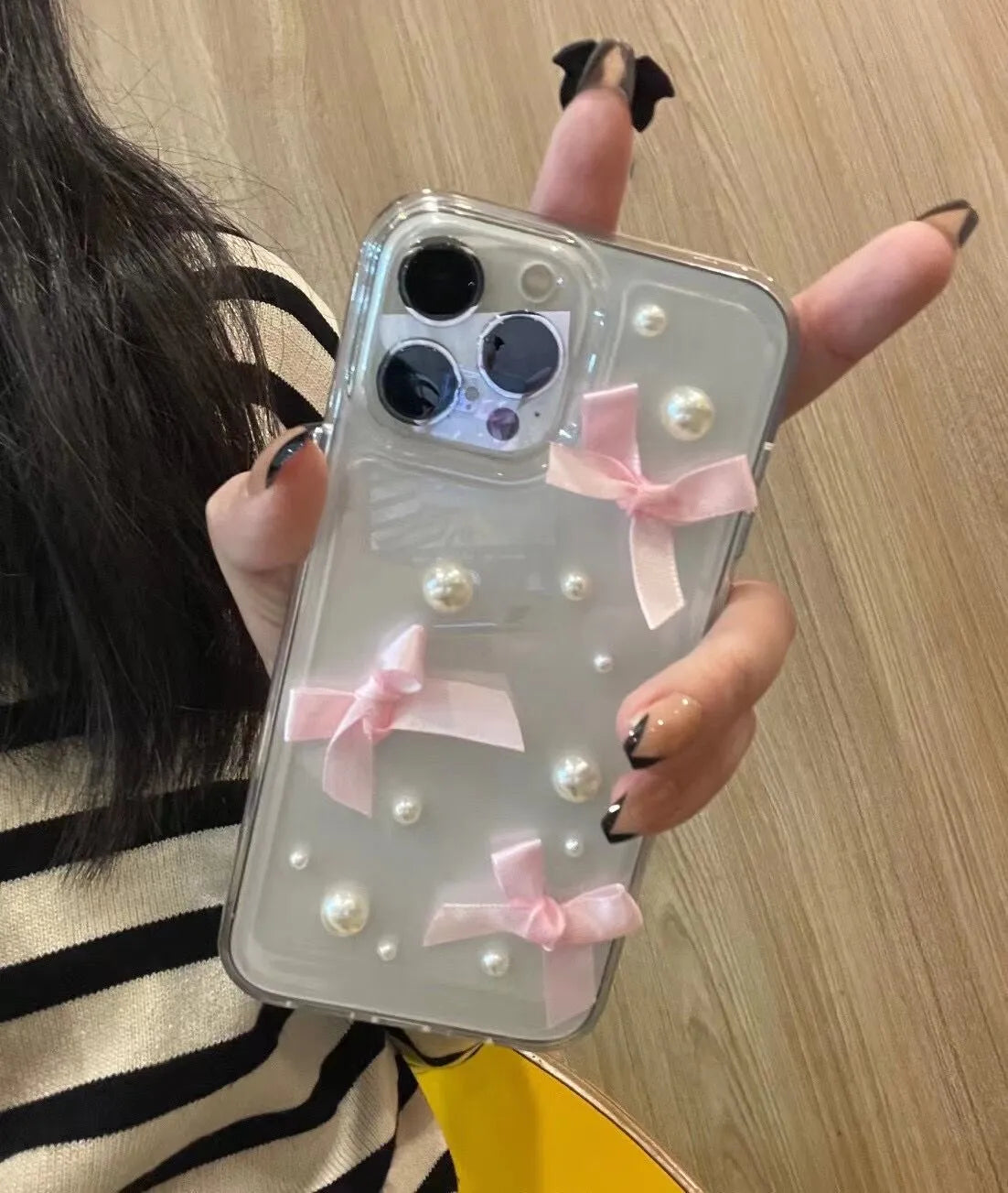Pink transparent TPU phone case with three-dimensional pearl bow for iPhone 13 Pro Max