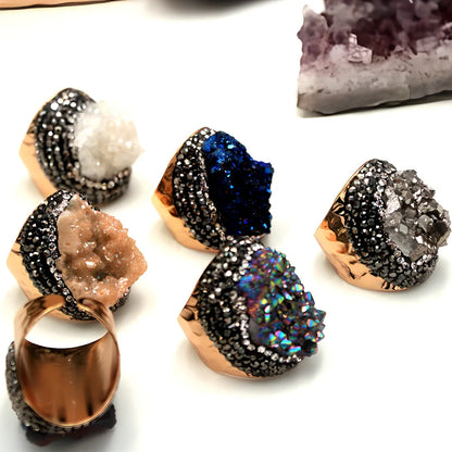 Geometric agate crystal ring in blue, featuring 2-3cm natural stone on adjustable band for everyday wear