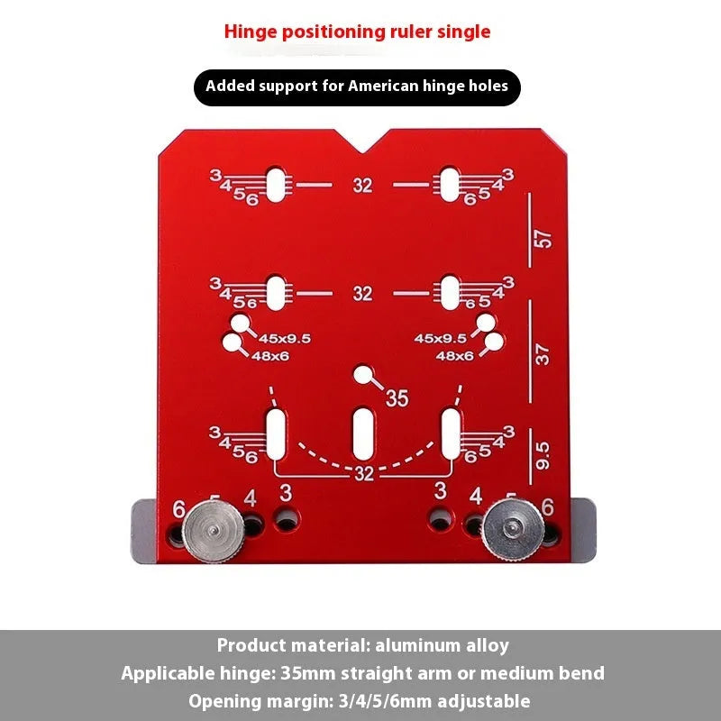 Red aluminium hinge locating ruler tool with adjustable gauge and hard alloy tapper blade for 35mm cabinet hinges.