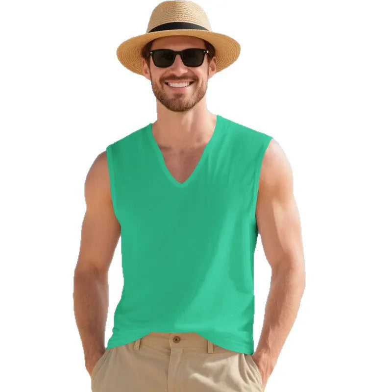 Men's quick-dry breathable polyester vest in army green with V-neck design and loose fit for summer training