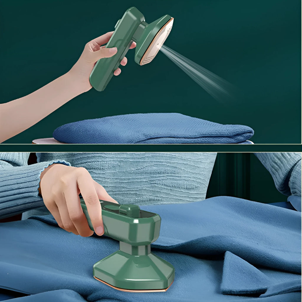 Dark green portable hanging steam iron with ceramic panel and compact design for travel use