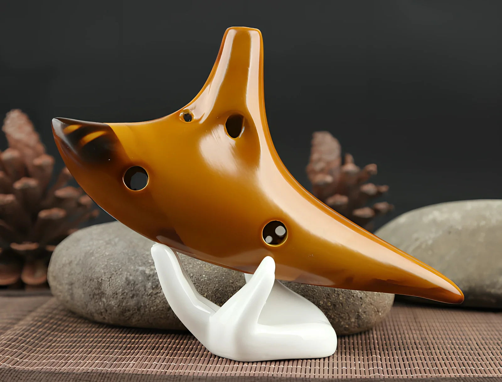 Yellow 12-hole ceramic ocarina in Alto C with 13-note range and integrated lanyard