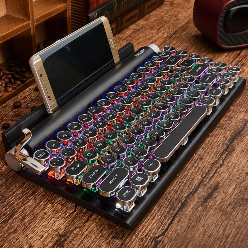 Black retro style mechanical keyboard with backlit keys and Bluetooth connectivity