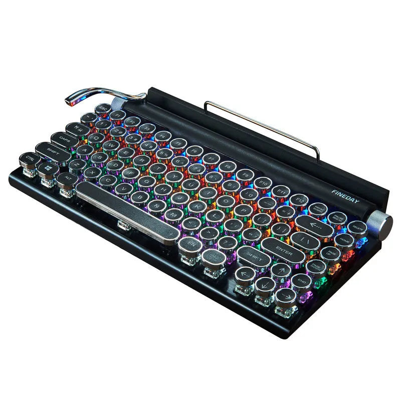 Black retro style mechanical keyboard with backlit keys and Bluetooth connectivity