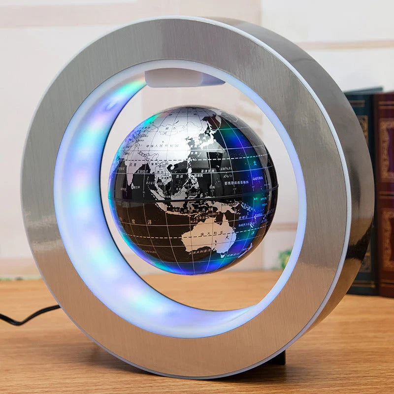 Round LED World Map Floating Globe hovering above base with magnetic levitation