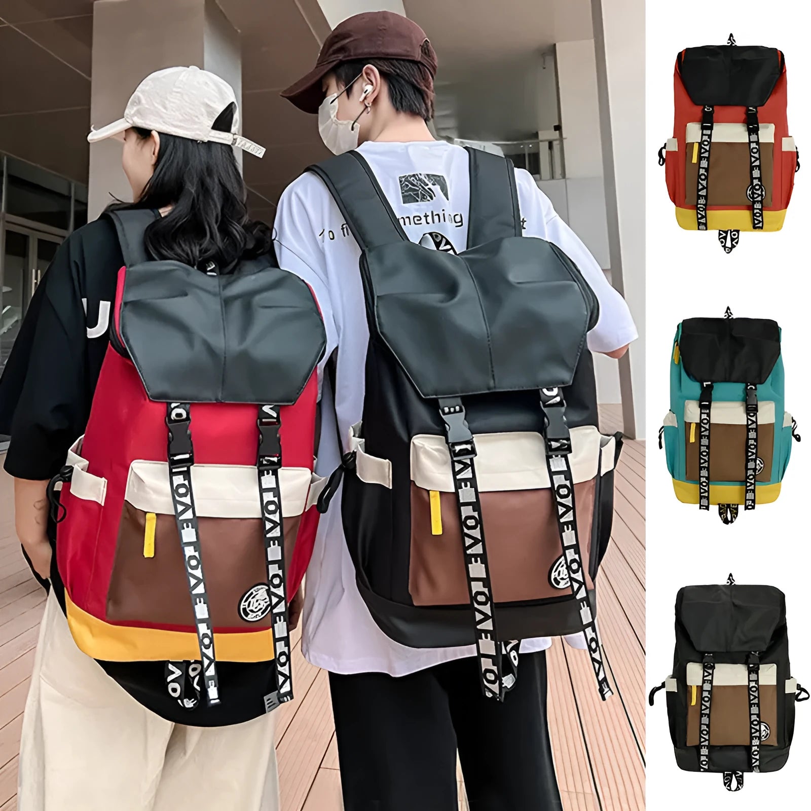 Black oxford cloth backpack with adjustable straps, shown next to green and red colour options.