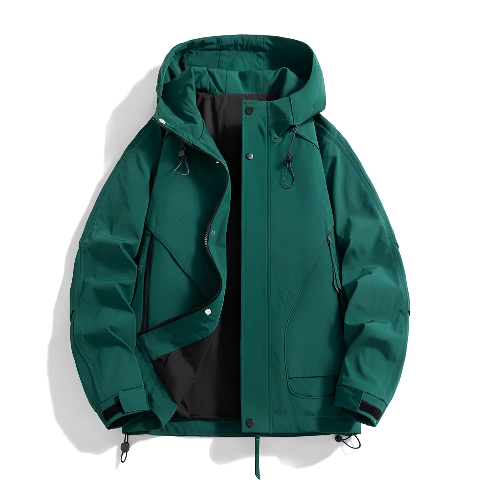 Rabbit fur hooded jacket in duck shit green colour shown on a model, featuring a loose fit and zipper pockets.