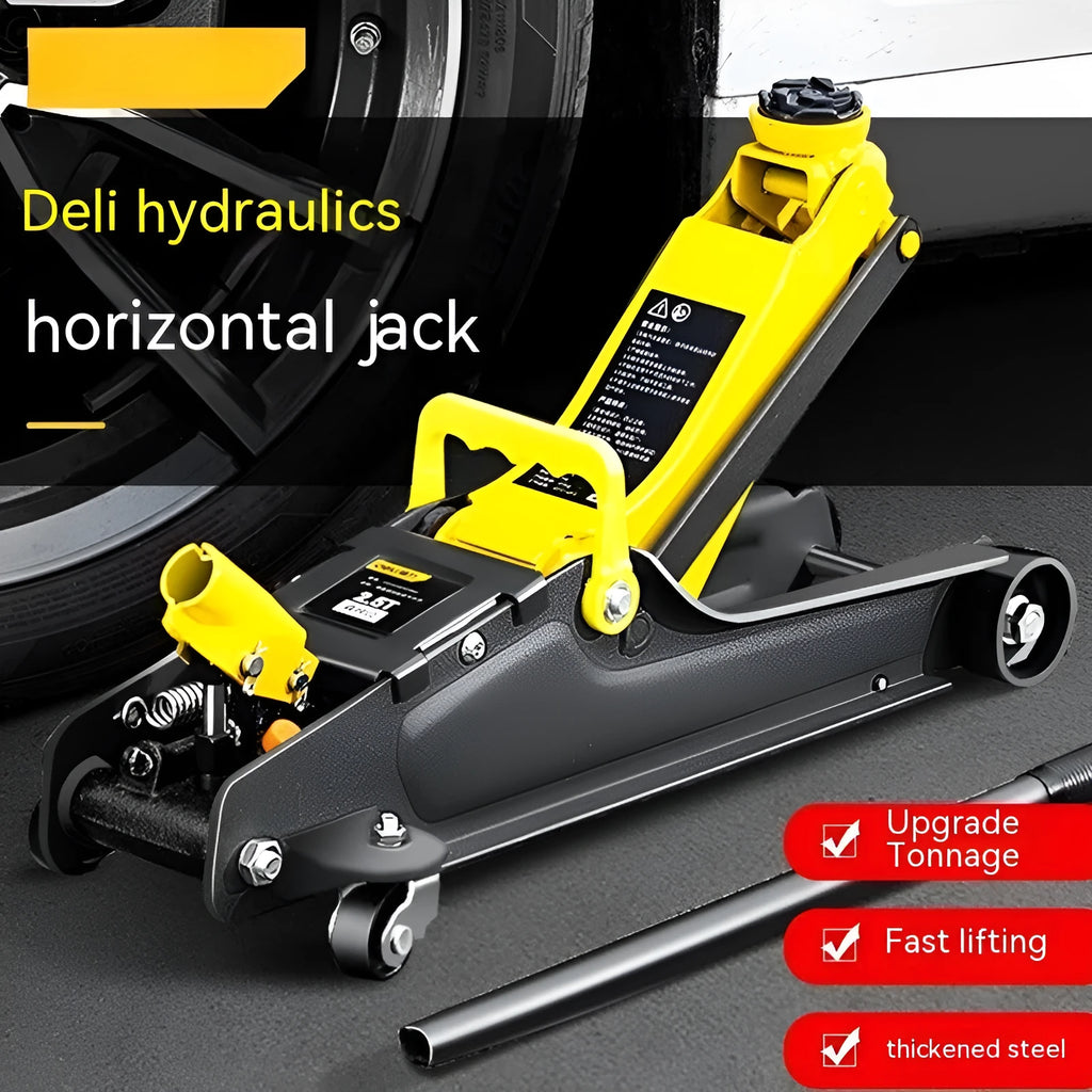 Hydraulic low car jack with handle for tyre changing applications
