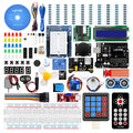 LAFVIN Arduino Super Starter Kit showing blue UNO R3 board, breadboard, sensors, motors, LEDs, and components laid out.