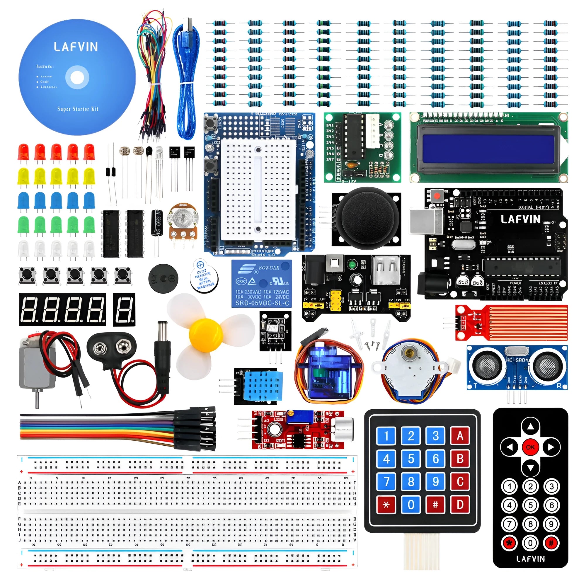 LAFVIN Arduino Super Starter Kit showing blue UNO R3 board, breadboard, sensors, motors, LEDs, and components laid out.