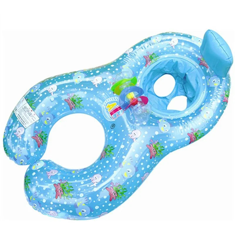 Parent-child double swim ring inflatable PVC baby seat pool float blue marine fish pattern 95cm 0-3 years
