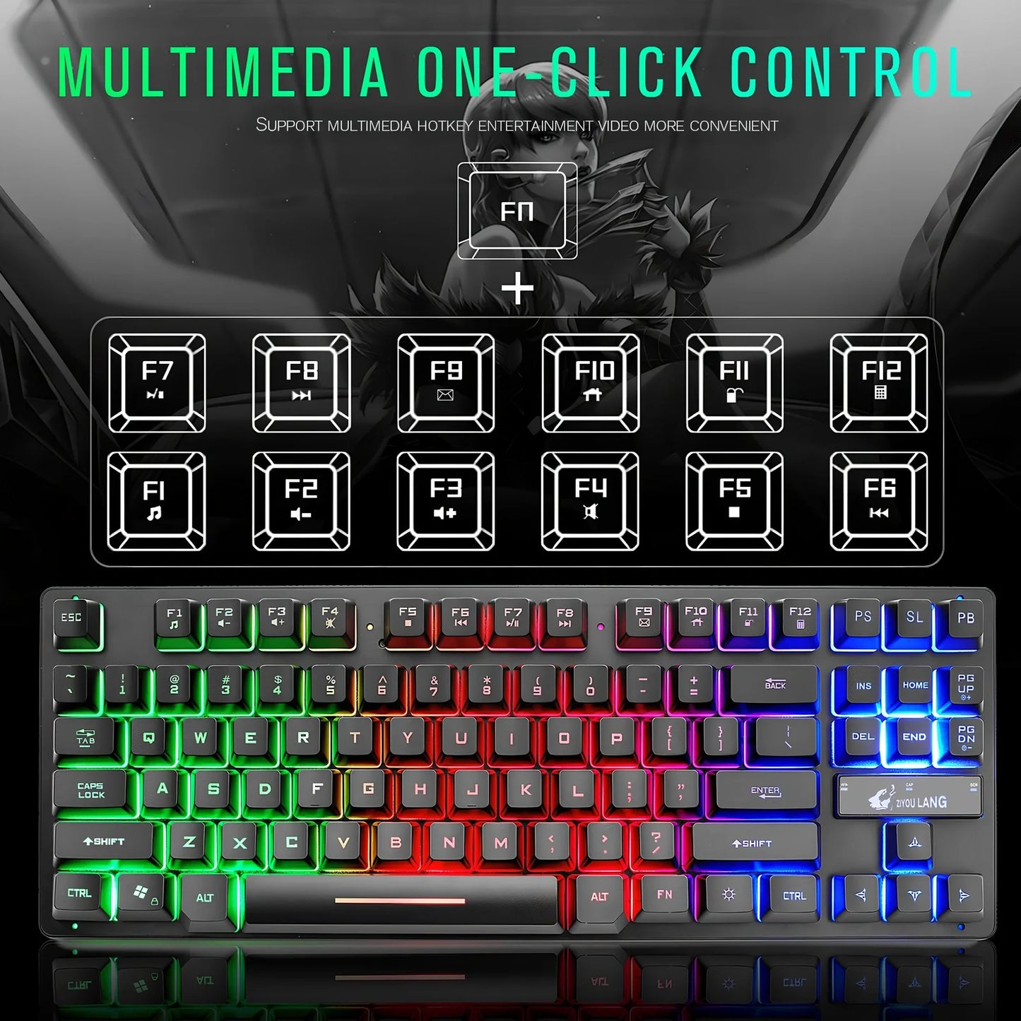 Black 87-key mechanical gaming keyboard, 36.5cm wide with USB cable, compact design for PC setups