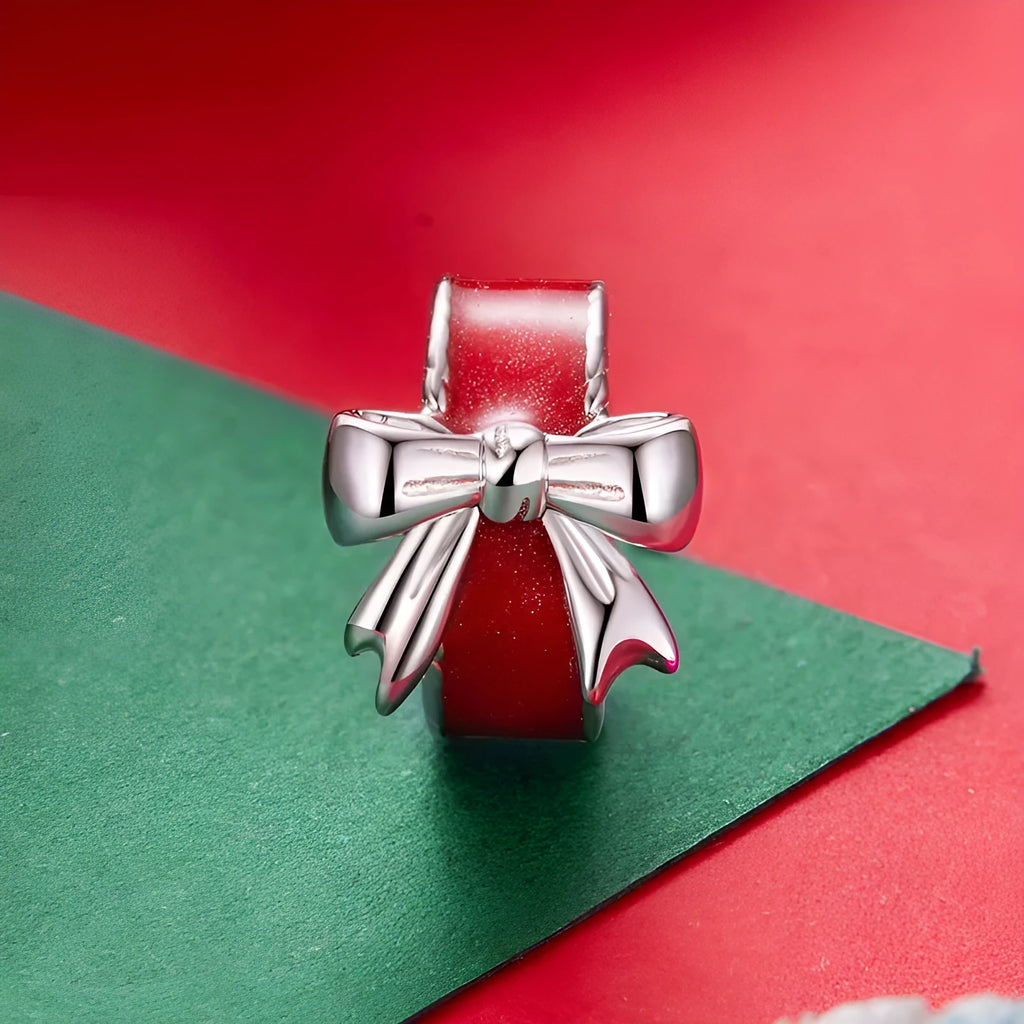 Red bow-shaped 925 silver spacer bead with glossy dripping oil finish, 1cm height