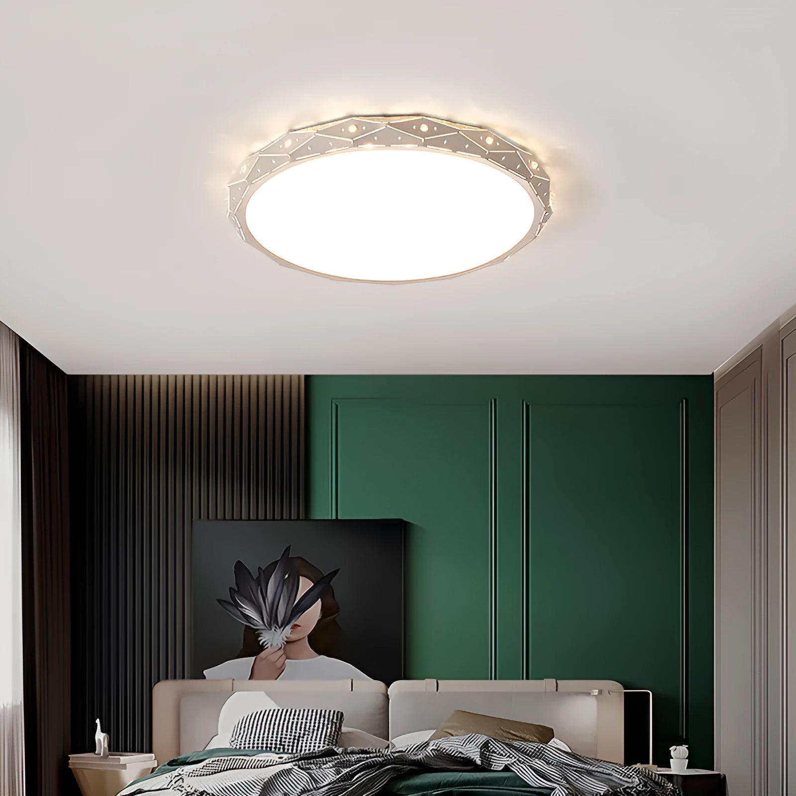 Round black iron frame LED ceiling light with dimming control on a white ceiling