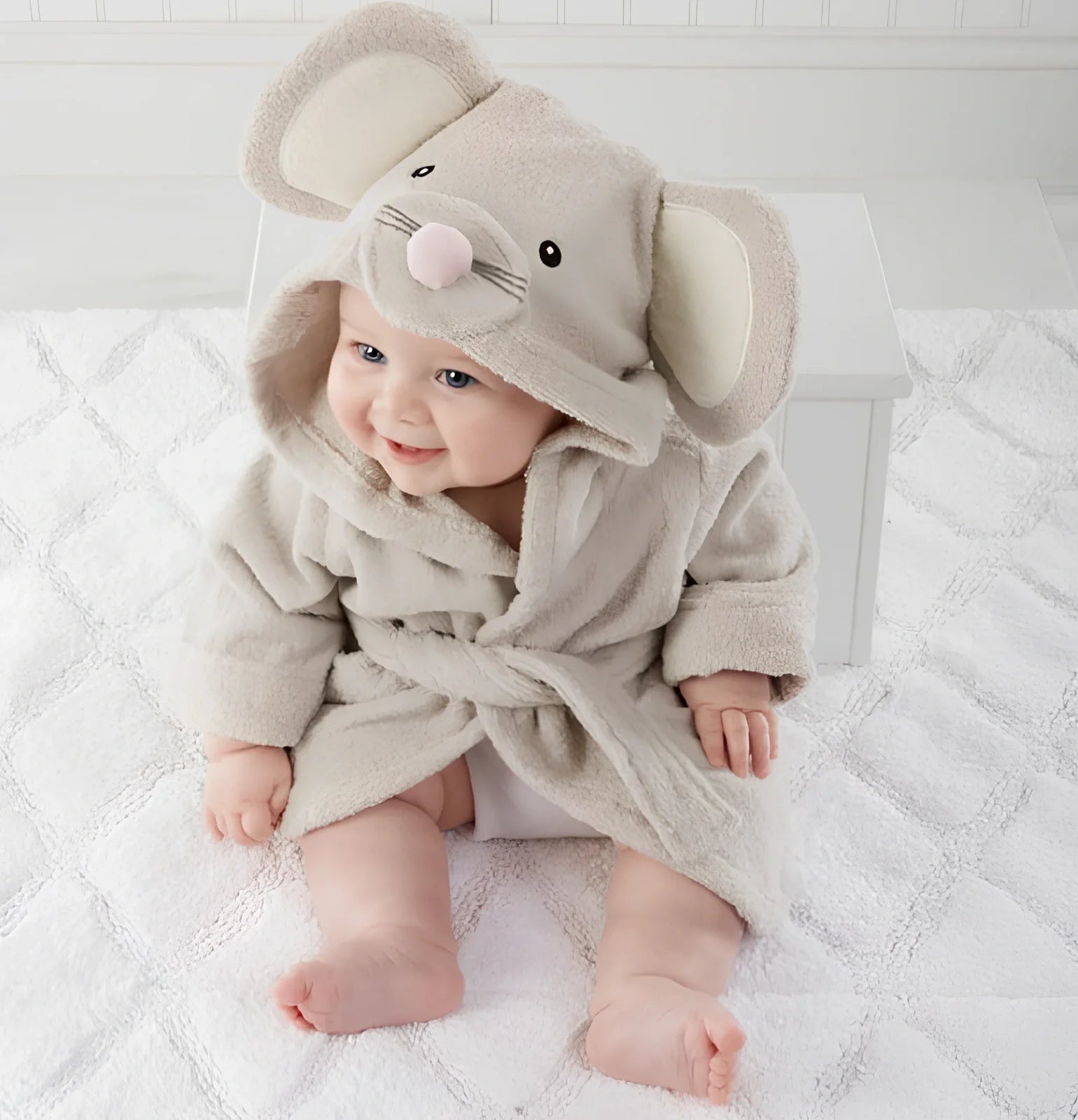 Cotton baby bathrobe with animal hood showing panda design, belt fastening, and absorbent fabric