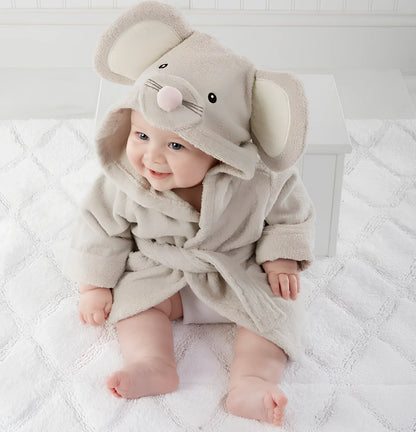 Cotton baby bathrobe with animal hood showing panda design, belt fastening, and absorbent fabric