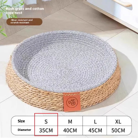 A woven rattan cat nest bed cage shown in size L, suitable for medium to large cats.