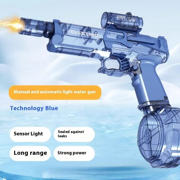 Electric water pistol toy with LED lights in black, blue and red colour options