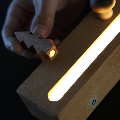 Minimalist LED Forest Hut Night Light in wood color with USB power