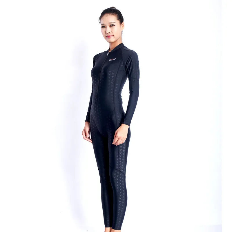 Unisex pure black one-piece shark skin swimsuit with front zipper, quick-drying nylon spandex fabric