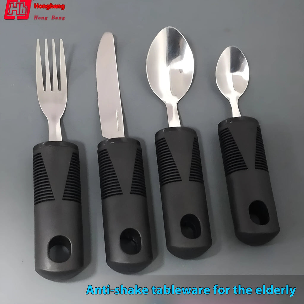Stainless steel adaptive tableware with rubber handles including spoons and bendable utensils