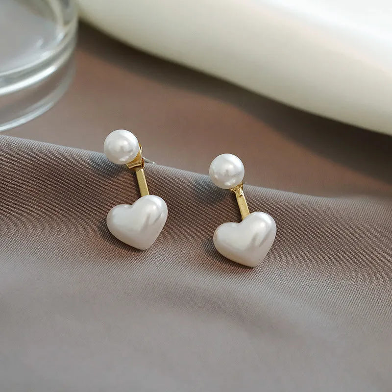 Korean style heart-shaped stud earrings with electroplated alloy settings and artificial gemstone inlays