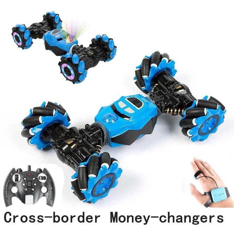 Gesture-sensing twisting off-road RC car in blue and red, featuring remote and watch control