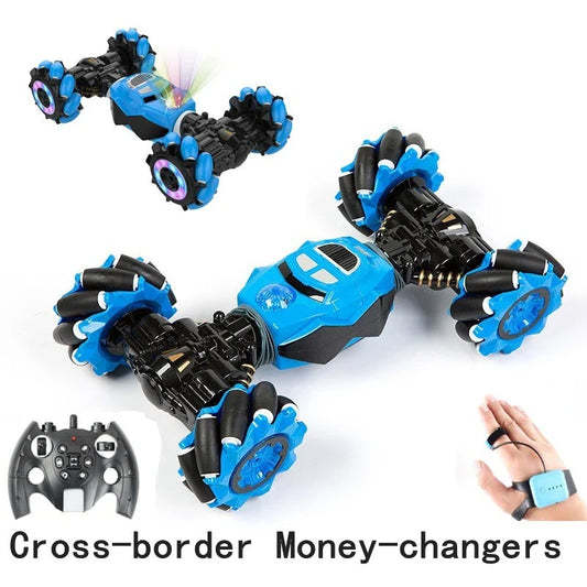 Gesture-sensing twisting off-road RC car in blue and red, featuring remote and watch control