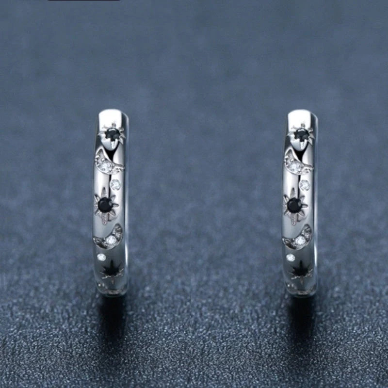 French Inlaid Zircon Star and Moon Earrings in black with U-shaped design