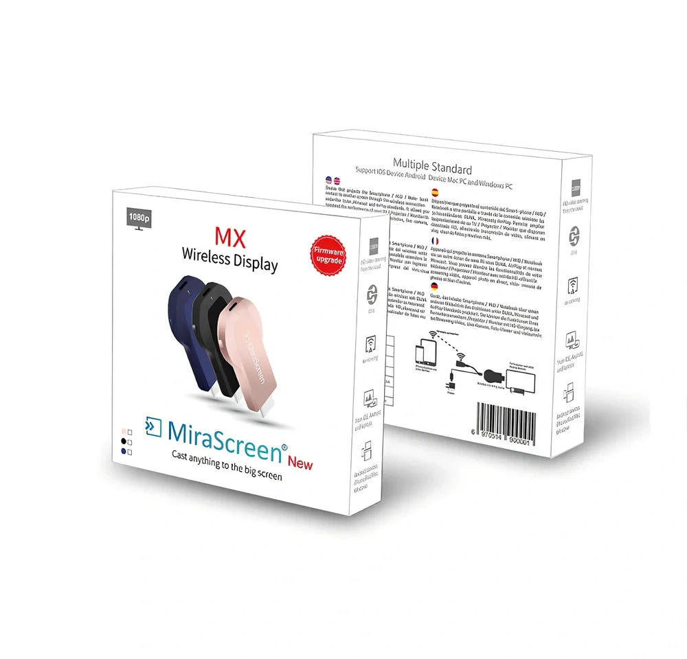 Compact 1080p wireless HDMI dongle in black, 6cm long with USB cable for TV streaming