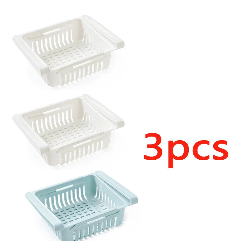 Stretchable refrigerator storage basket in white, blue, pink, and apricot colours
