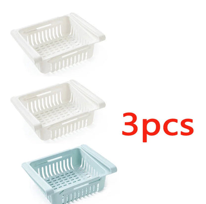 Stretchable refrigerator storage basket in white, blue, pink, and apricot colours