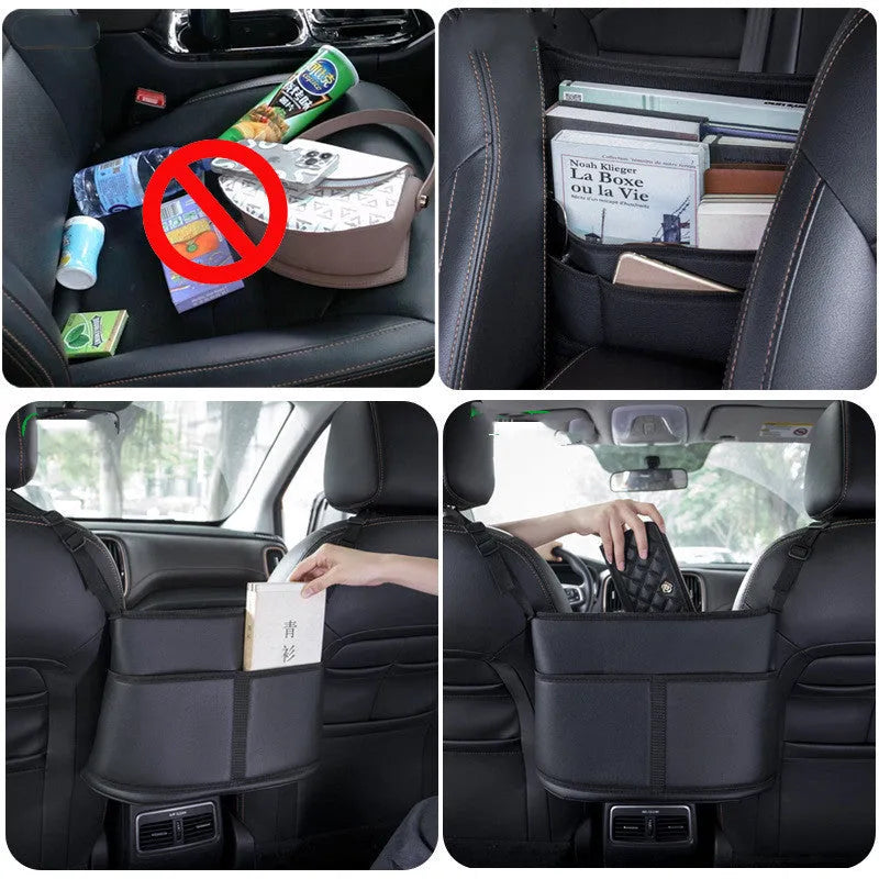 Black leather car seat net pocket storage bag measuring 38cm mounted between vehicle seats