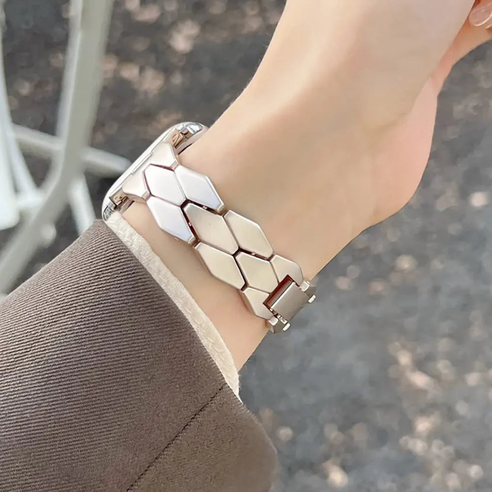 Silver metal chain strap for Apple Watch, with clasp, on white background, showing 38/40/41mm size option