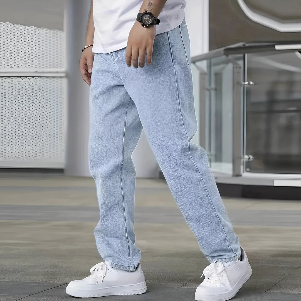 Youth slim jeans for men, light blue cotton straight-leg trousers with zip fly
