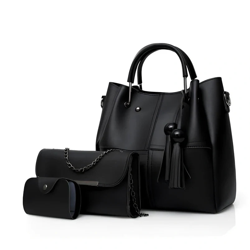 White three-piece tassel messenger bag set with 27x26x13cm main PU bag, zipper closure, and internal pockets for women